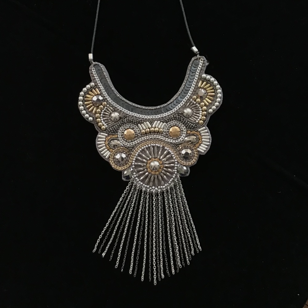 Adjustable Embroidered Beaded Statement Necklace - image 1